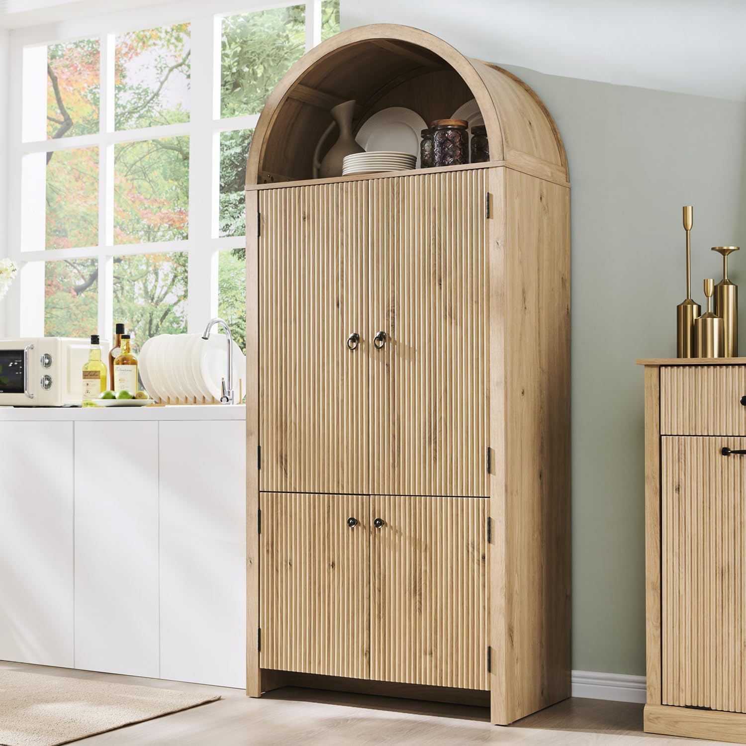 IFGET 71' Tall Arched Kitchen Pantry, Modern Fluted Wood Storage Cabinet with Doors, 3 Adjustable Shelves, 6 Door Shelves, Organizer, Versatile Cupboard for Kitchen, Bathroom, Natural