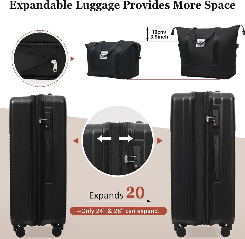 Merax Luggage Sets 5 Piece with Half-opening, Hardside 20' Carry On Suitcase Set with USB Port,Lightweight Travel 24' 28' Luggage with Bags TSA Locks Double Spinner Wheels,Black