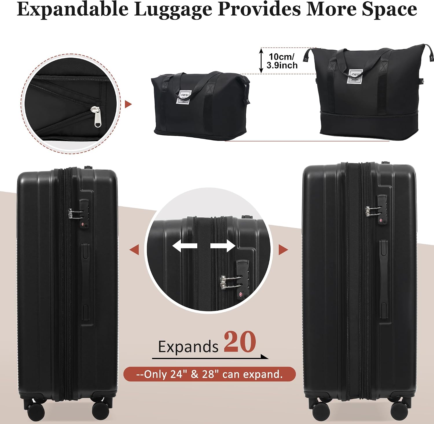 Merax Luggage Sets 5 Piece with Half-opening, Hardside 20' Carry On Suitcase Set with USB Port,Lightweight Travel 24' 28' Luggage with Bags TSA Locks Double Spinner Wheels,Black