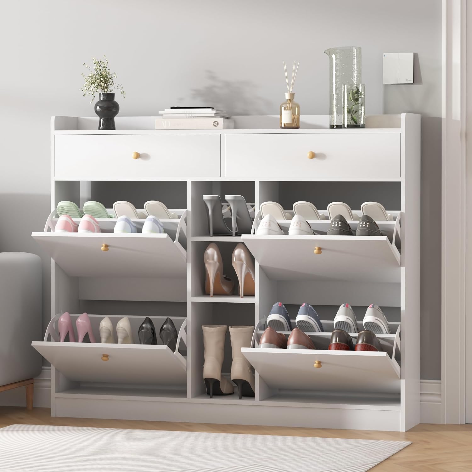 Shoe Cabinet for Entryway,Shoe Rack Storage Organizer with Drawers,Freestanding Modern Shoe Storage Cabinet,White