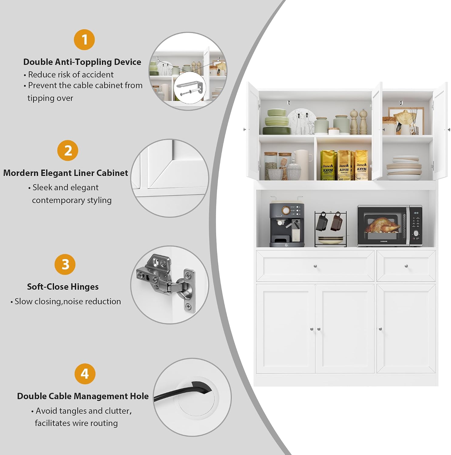 BOTLOG 72' Kitchen Pantry Cabinet, Kitchen Hutch with Microwave Stand, Buffet Cabinet with Hutch for Dining Room, White