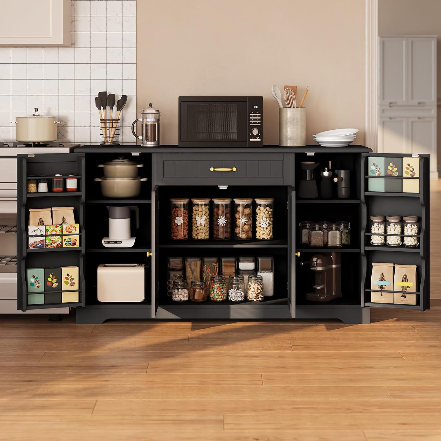 Gizoon 56' Kitchen Coffee Bar Cabinet with Storage Kitchen Sideboard Buffet Cabinet with Drawers, Short Pantry with Door and Shelves for Bathroom and Living Room, Black