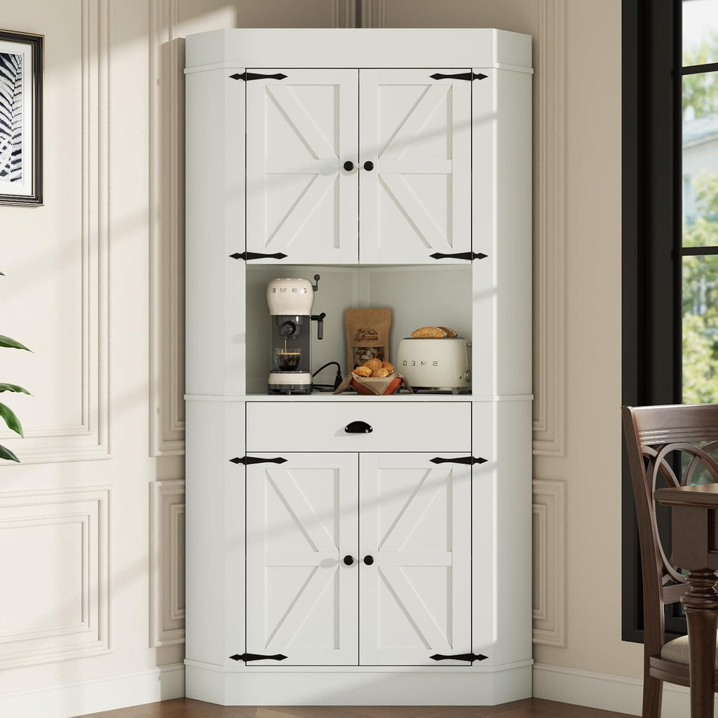 74'Corner Cabinet with Charging Station,Kitchen Pantry Storage Cabinet with Drawer,Freestanding Kitchen Pantry Cabinets with Doors and Shelves,Farmhouse Food Hutch for Dining Room,Living Room(White)