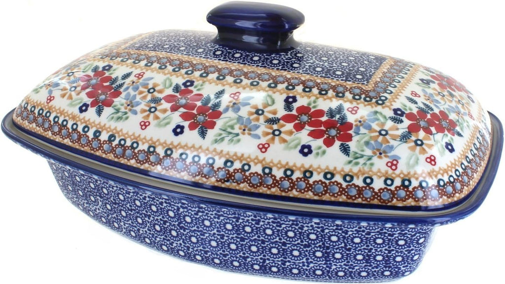 Blue Rose Polish Pottery - Red Daisy Covered Baker - 2 QT Capacity - Unique, Dishwasher Safe, & Durable Bakeware