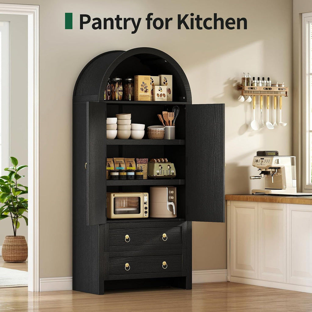 71' Arched Cabinet Kitchen Pantry Cabinet with Rattan Doors, Storage Cabinet with Drawers & Height Adjustable Shelves, Hutch Cabinets with Storage, Tall Arch Bookcase for Dining Room Kitchen, Black