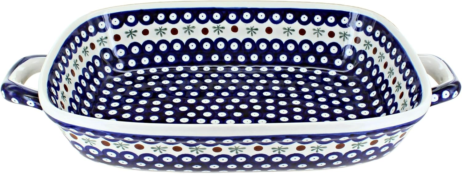 Blue Rose Polish Pottery - Blue Nature Large Baker with Handles - 14.5' x 10.75' - Unique, Dishwasher Safe, & Durable Bakeware