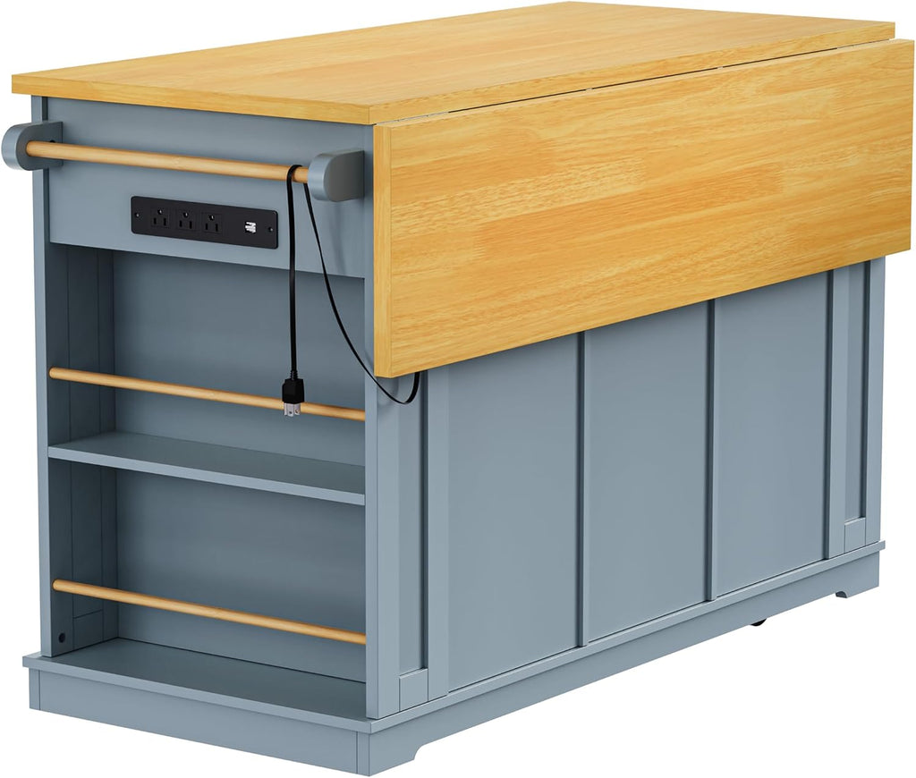 Classic Kitchen Island with Drop Leaf, Power Outlet, Door Internal Storage Rack, Rolling Kitchen Storage Cart on 5 Wheels with 5 Open Side Racks, 3 Drawers for Home, Dining Room (Grey-Blue/Wheels)
