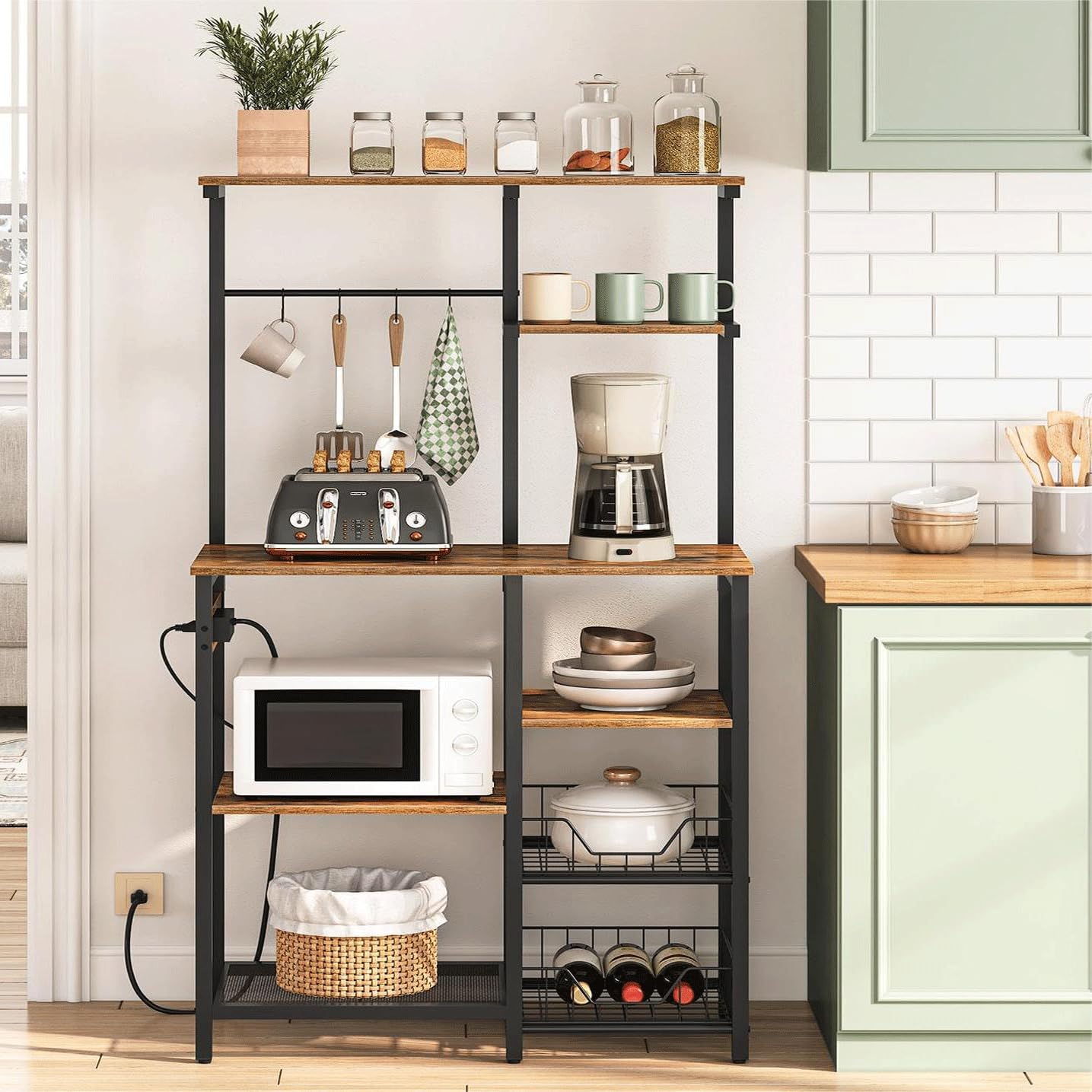 HOOBRO Bakers Rack with Power Outlet and Large Microwave stand with Power Outlets, 35.4 In Coffee Bar with Mesh Basket, Kitchen Shelf with Wire Basket, Rustic Brown and Black BF05HB01-BF64UHB01