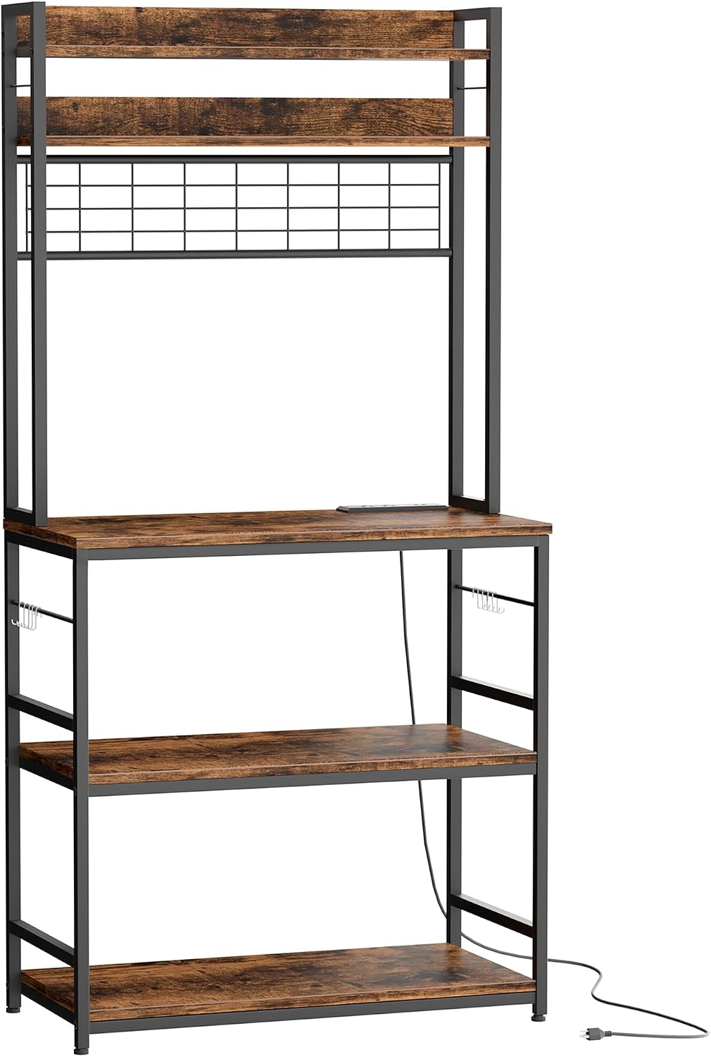 JY QAQA Kitchen Bakers Rack, Coffee Bar Cabinet, Kitchen Racks with Power Outlet, 5-Tier Microwave Stand with Storage Cabinet, 10 Hooks and Metal Wire Panel, Brown