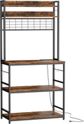 JY QAQA Kitchen Bakers Rack, Coffee Bar Cabinet, Kitchen Racks with Power Outlet, 5-Tier Microwave Stand with Storage Cabinet, 10 Hooks and Metal Wire Panel, Brown