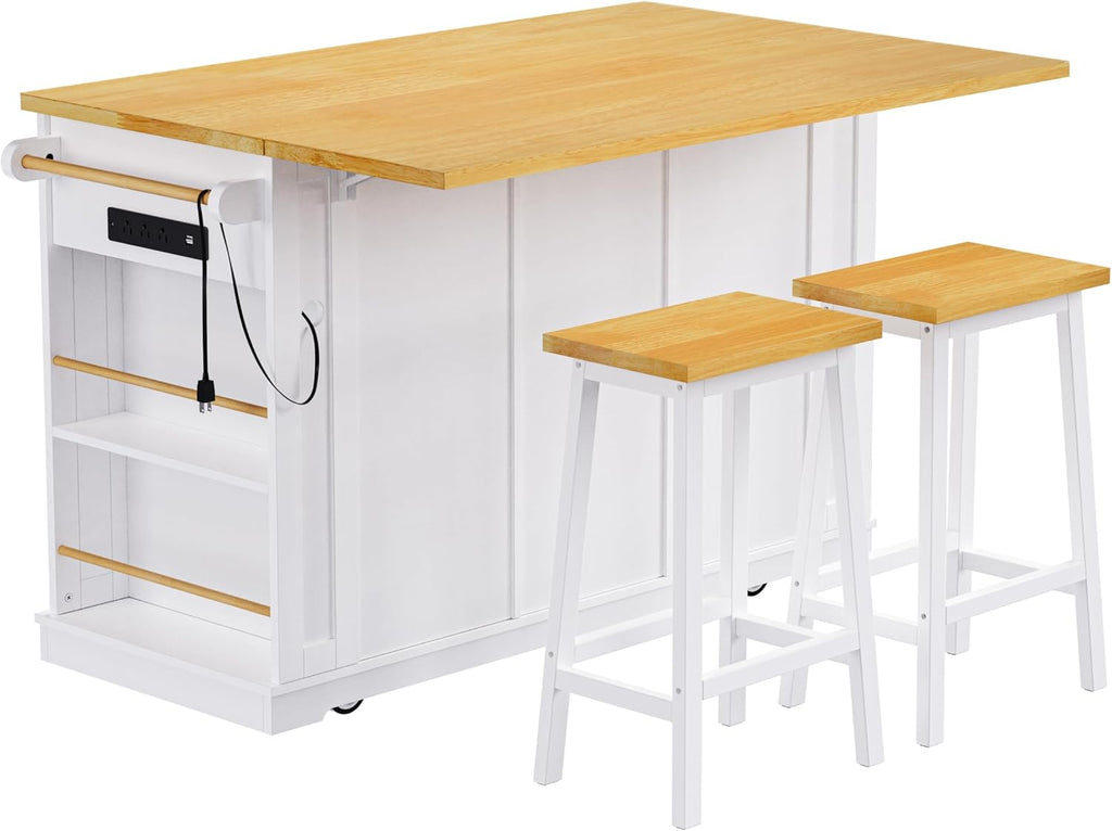 Classic Large Kitchen Island with 2 Bar Stools, Power Outlet,Door Internal Storage Rack, Kitchen Storage Cart on 5 Wheels with Drop Leaf, Used for Home, Dining Room (White/Large)