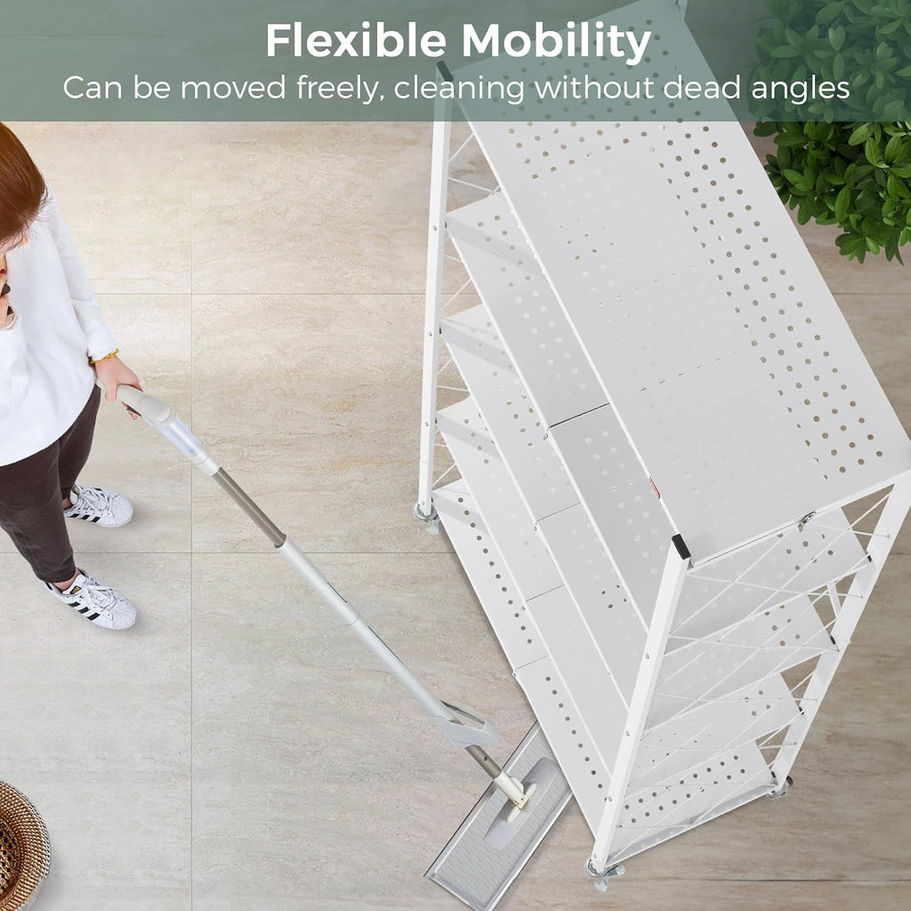 DEANIC 5 Tier Foldable Storage Shelves with Wheels, Large Capacity Shelving Unit, Freestanding Metal Wire Shelf Rack, No Assembly Organizer Rack for Garage Kitchen, Basement, Pantry(White Pack of 2)