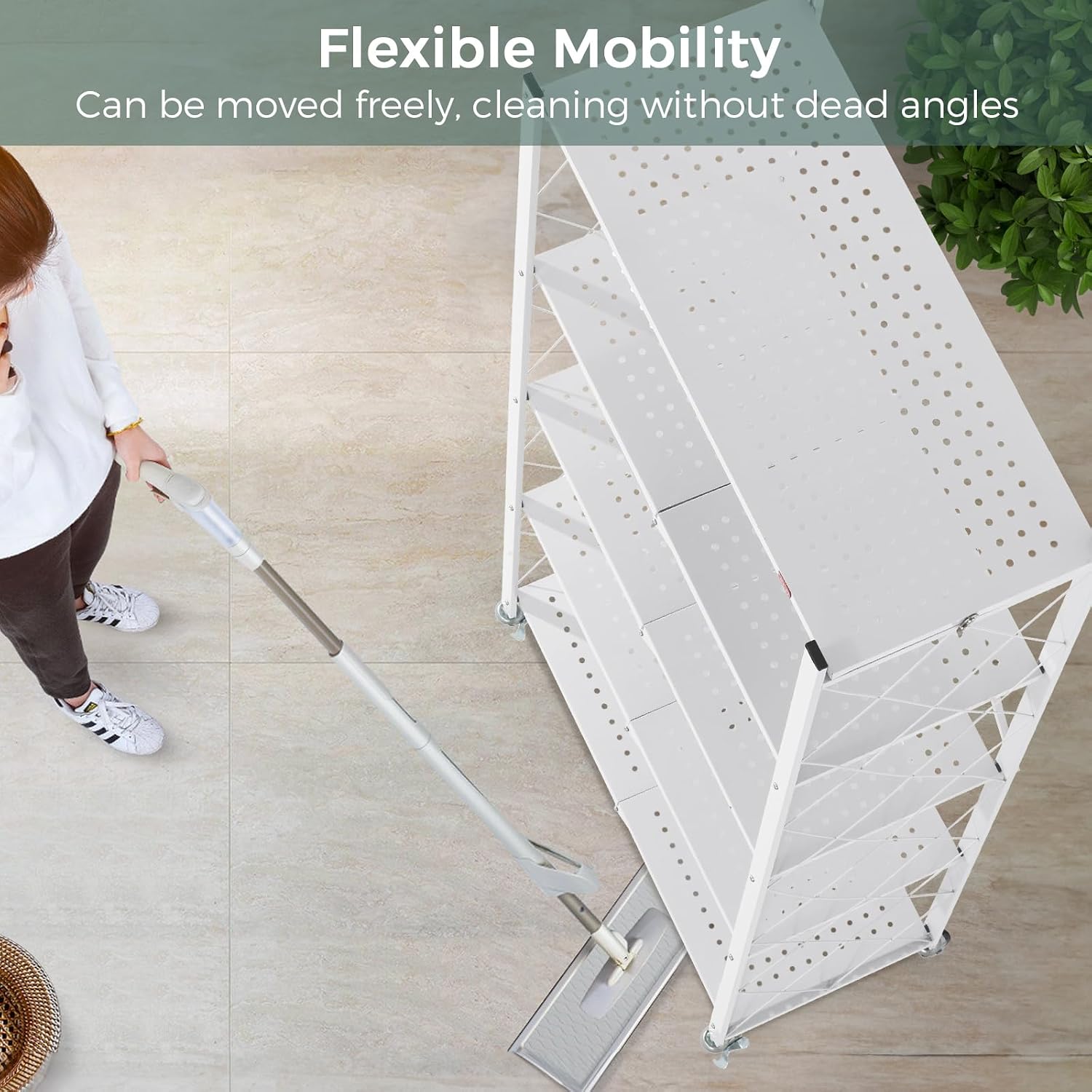 DEANIC 5 Tier Foldable Storage Shelves with Wheels, Large Capacity Shelving Unit, Freestanding Metal Wire Shelf Rack, No Assembly Organizer Rack for Garage Kitchen, Basement, Pantry(White Pack of 2)