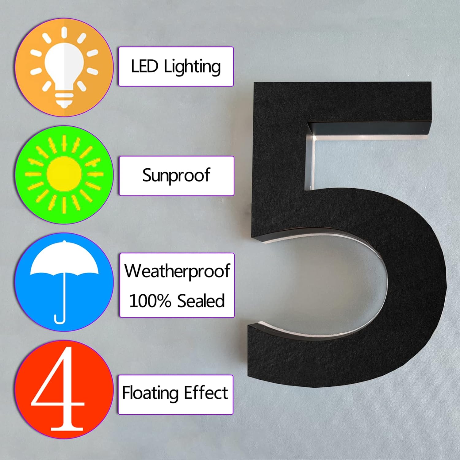 House Numbers LED, Modern Backlit LED Floating Address Signs For Homes, Light Up House Address Number For Outside, Stainless-Steel Weather Resistant, Black, White Light,20 Inch,N