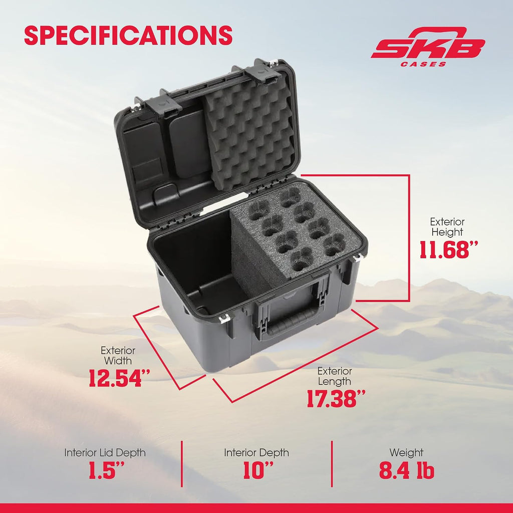 SKB iSeries Microphone Hard Case, Waterproof Polypropylene Shell with 8-Slot Foam Interior, Cable Storage and Wheels for Mic System Protection