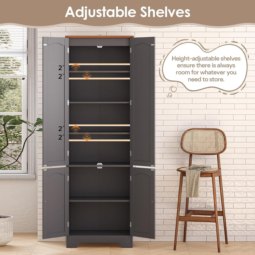 4 Door Pantry - 72.2'' Kitchen Cabinet with Adjustable Shelves, Freestanding Cupboard, Tall Storage Cabinets for Dining Room, Living Room, Laundry, Bathroom, Entryway, Grey
