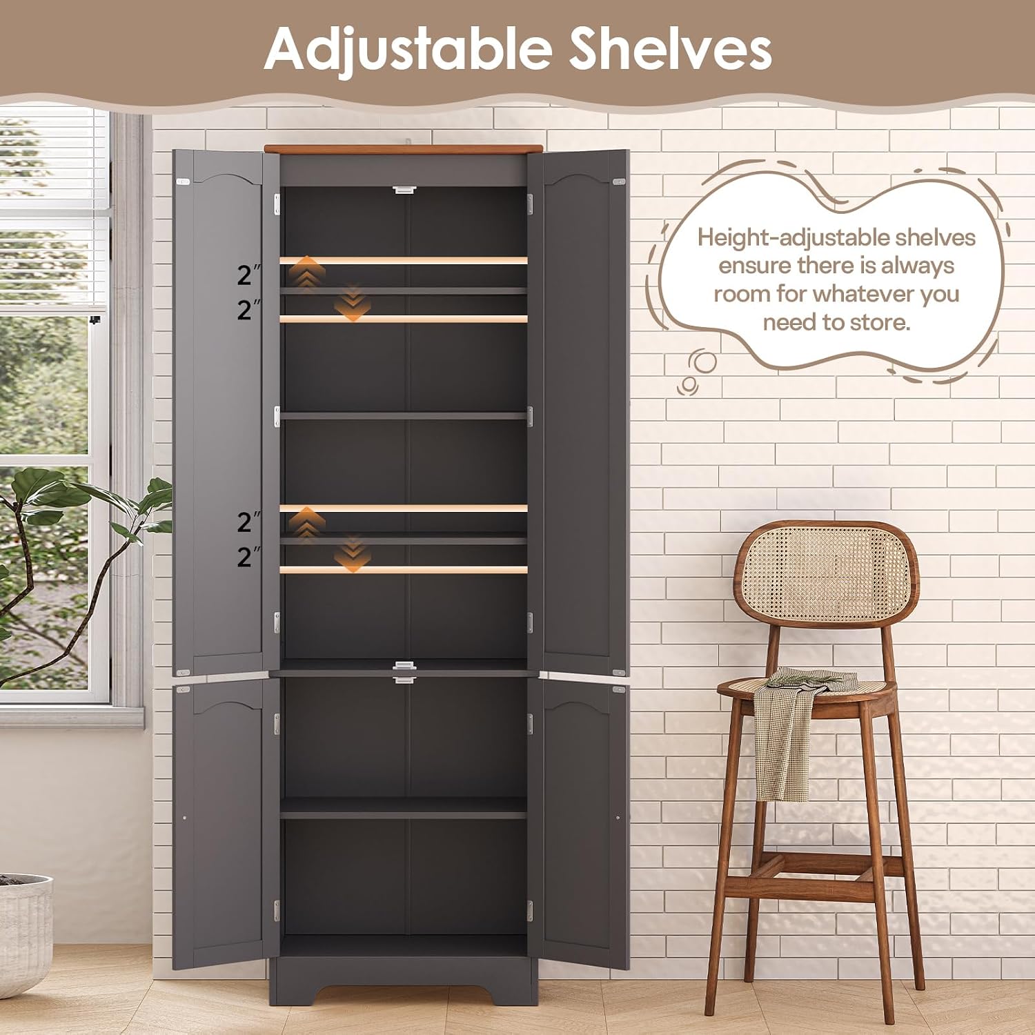 4 Door Pantry - 72.2'' Kitchen Cabinet with Adjustable Shelves, Freestanding Cupboard, Tall Storage Cabinets for Dining Room, Living Room, Laundry, Bathroom, Entryway, Grey