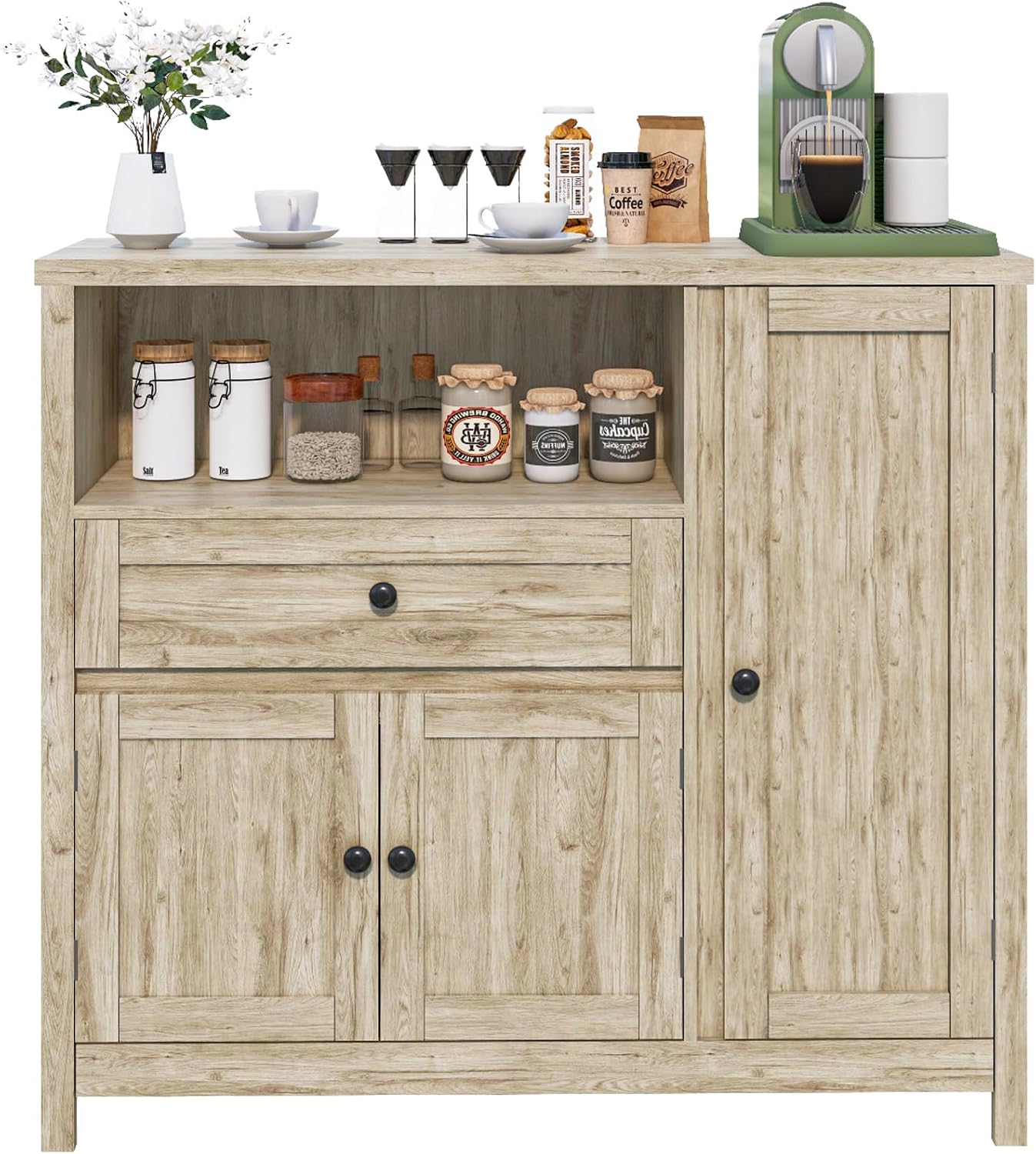 Viaozutis Coffee Bar Cabinet with Doors and Drawer, 35.4' Kitchen Storage Cabinet with Adjustable Shelf, Freestanding Buffet Sideboard for Dining Room, Bathroom, Entryway（Grey）