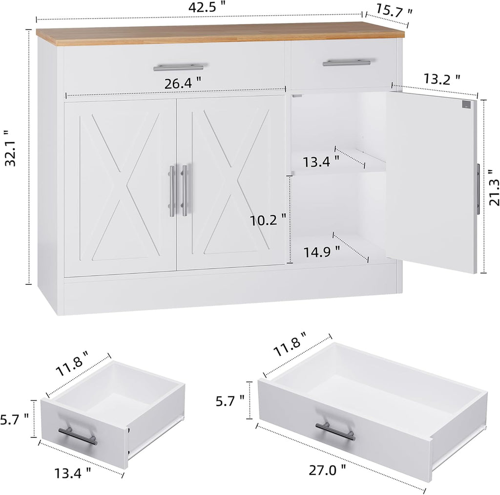 Shintenchi Modern Farmhouse Sideboard Buffet Cabinet with Storage with 3 Doors,42' Barn Doors Buffet Cabinet with Storage, Wood Coffee Bar Cabinets with Adjustable Shelf for Kitchen Living Room,White