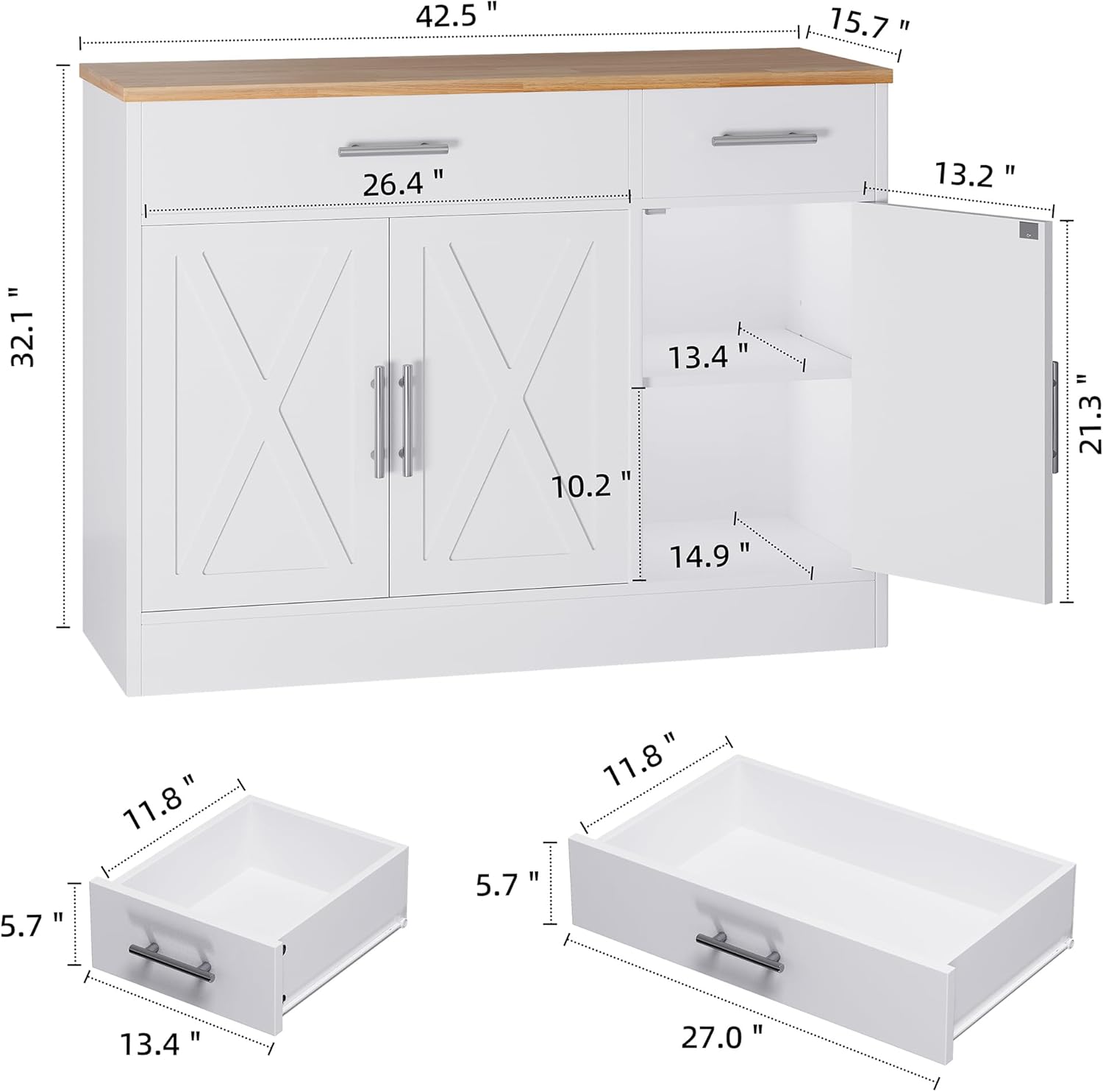 Shintenchi Modern Farmhouse Sideboard Buffet Cabinet with Storage with 3 Doors,42' Barn Doors Buffet Cabinet with Storage, Wood Coffee Bar Cabinets with Adjustable Shelf for Kitchen Living Room,White