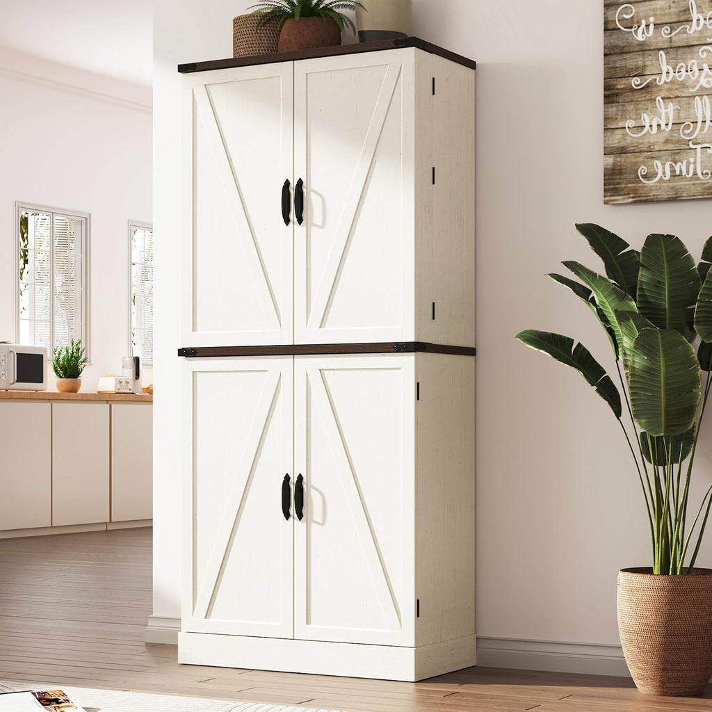 Farmhouse Kitchen Pantry Cabinet with 3 Drawers,71' Tall Rustic Wood Storage Cabinet with 6 Door Shelves,with Load-Bearing Steel Pipe,Pantry Organizers for Kitchen,Dining Room(Rustic Off White)