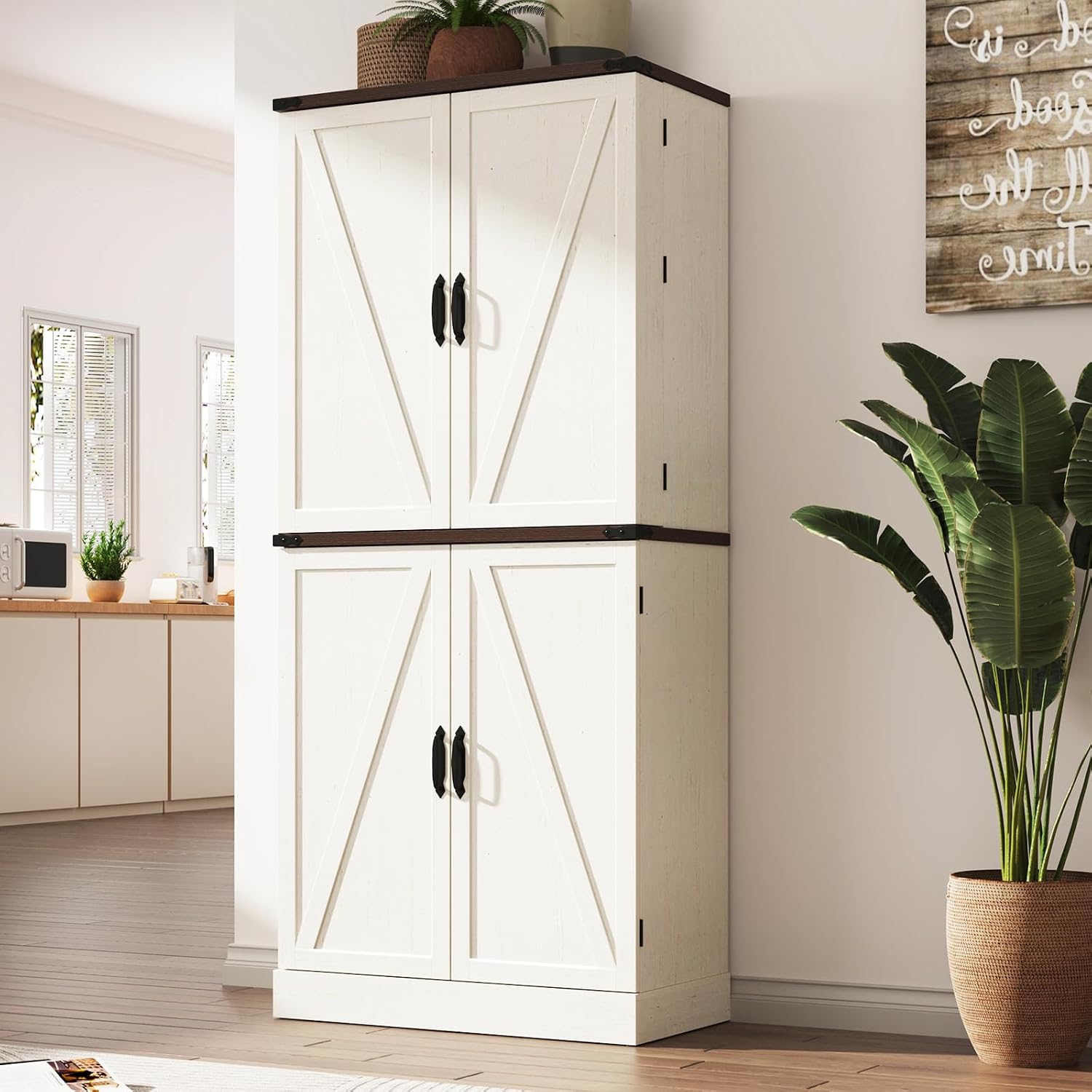 Farmhouse Kitchen Pantry Cabinet with 3 Drawers,71' Tall Rustic Wood Storage Cabinet with 6 Door Shelves,with Load-Bearing Steel Pipe,Pantry Organizers for Kitchen,Dining Room(Rustic Off White)