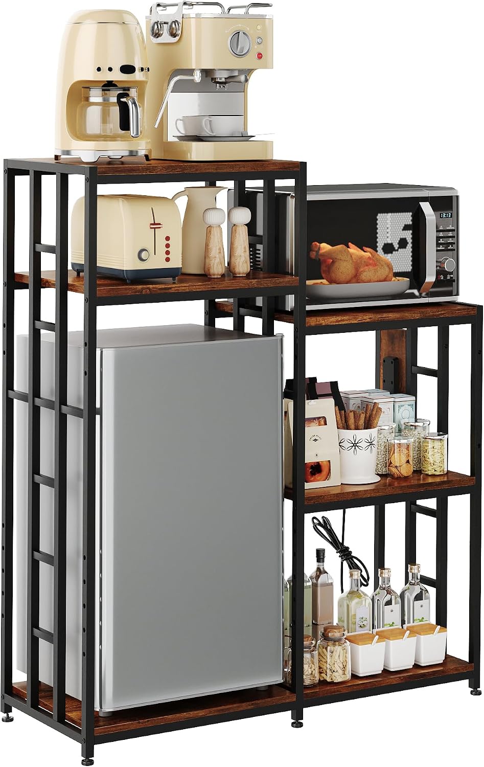48.8in Adjustable Mini Fridge Shelf with Power Outlet, 360LBS Sturdy Mini Fridge Stand and Microwave Stand, 6-Tier Mini Fridge Storage Suitable for Kitchen Living Room Office Dorm, Brown