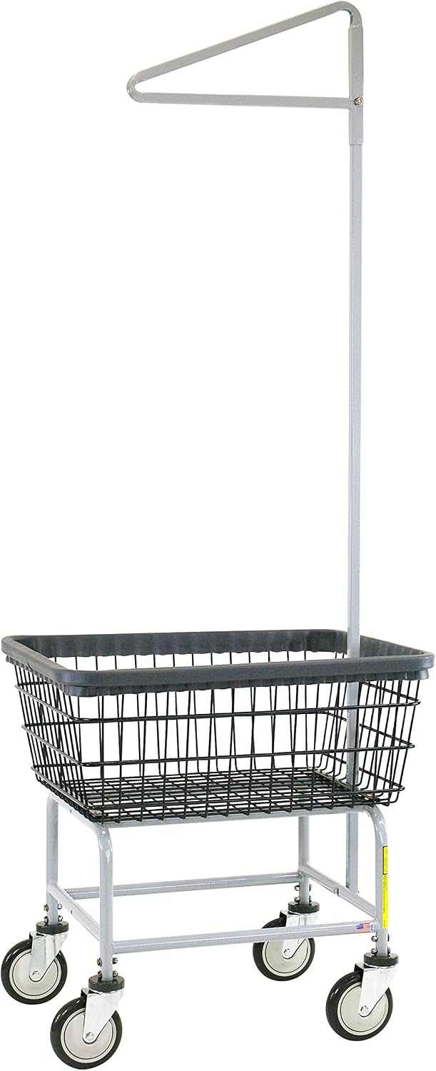 R&B Wire® 100E91/D7 Heavy Duty Wire Laundry Cart with Single Pole Rack | 2.5 Bushel | Steel Frame Dura-Seven™ Anti Rust Coated Basket | Commercial | Industrial Bumper | 5' Clean Wheel System™ Casters