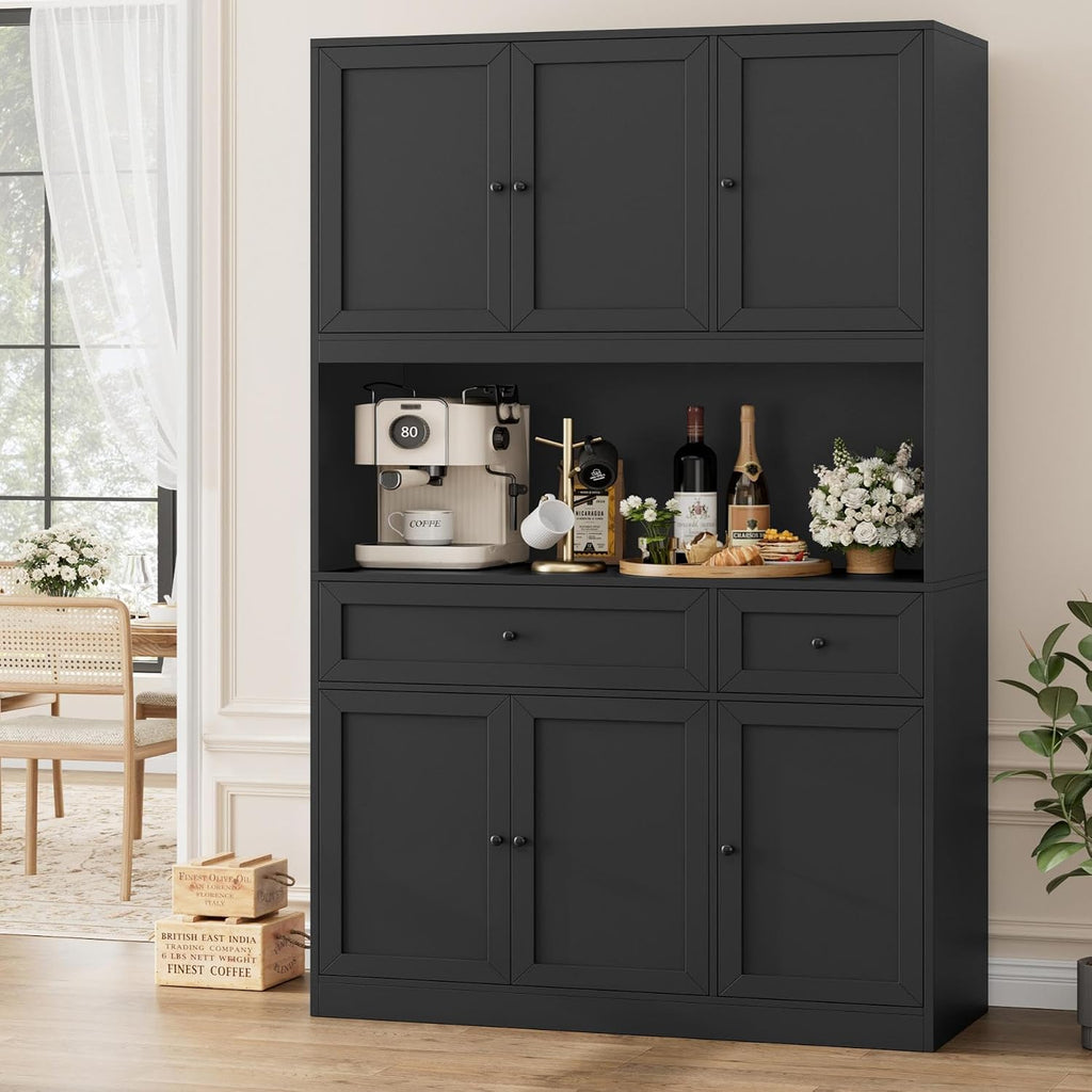 BOTLOG 72' Kitchen Pantry Cabinet, Kitchen Hutch with Microwave Stand, Buffet Cabinet with Hutch for Dining Room, Black