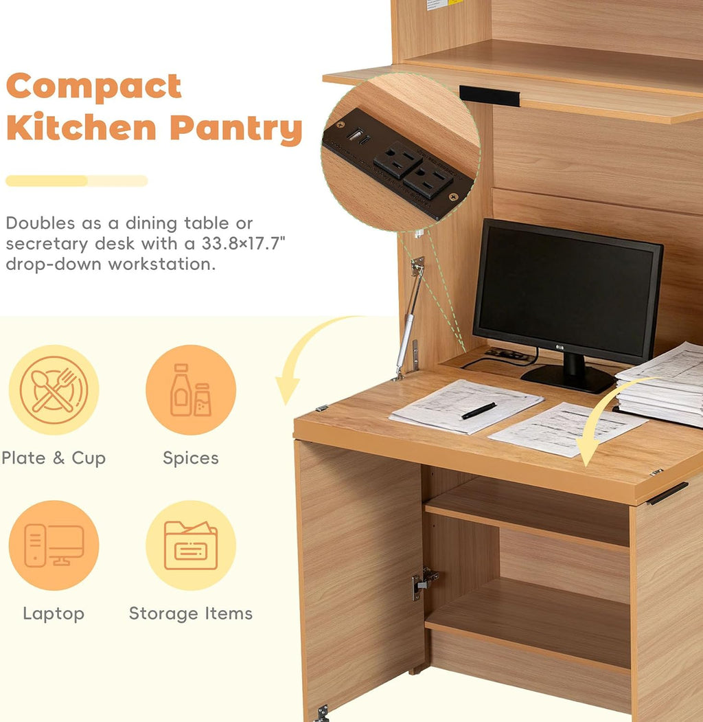 Farmhouse Pantry Cabinet with Foldable Workstation, 69' Tall Buffet with Hutch and Storage, Multifunctional Kitchen Cabinet with Adjustable Shelf and Power Outlet for Dining Room (Natural)