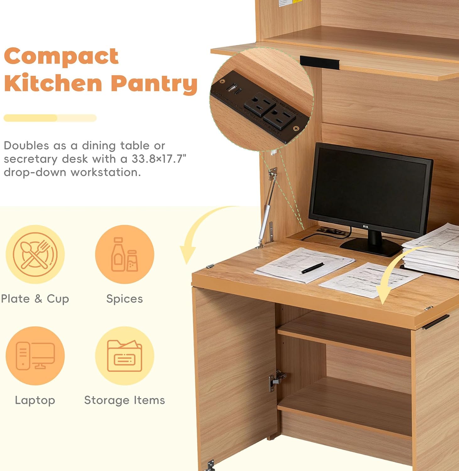 Farmhouse Pantry Cabinet with Foldable Workstation, 69' Tall Buffet with Hutch and Storage, Multifunctional Kitchen Cabinet with Adjustable Shelf and Power Outlet for Dining Room (Natural)