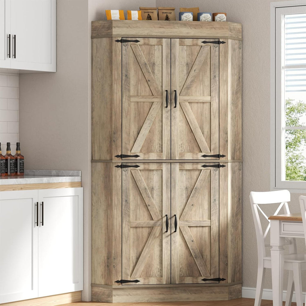 Gyfimoie Corner Cabinet,Kitchen Pantry Storage Cabinet,Freestanding Buffet Hutch with 4 Doors and Shelves,Tall Food Pantry Farmhouse Furniture with Side Rack for Kitchen Dining Room(Retro)