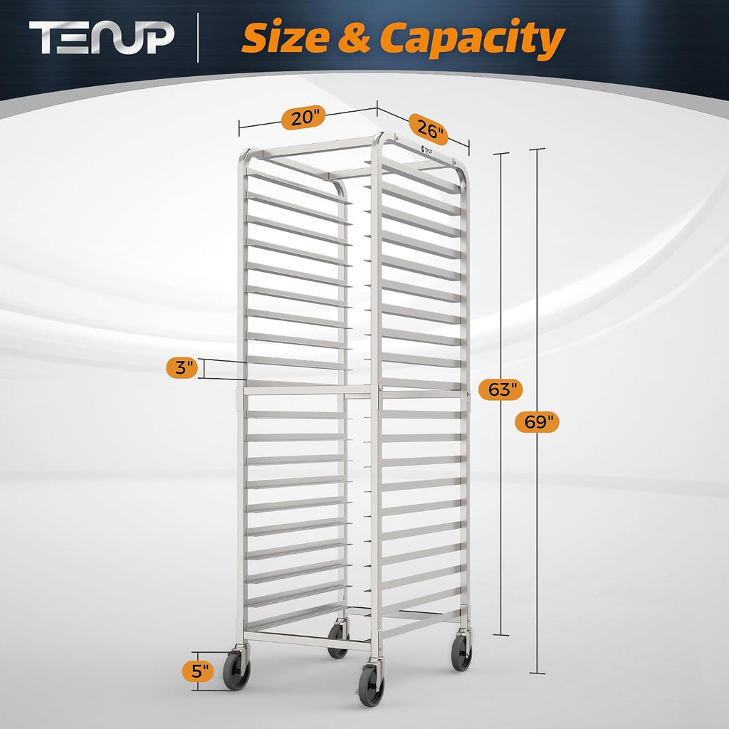 TenUp 20-Tier NSF Aluminum Sheet Pan Rack, Commercial Bakery Cooling & Storage Cart with Wheels, Heavy-Duty Bun Rack – 26' L x 20' W x 69' H