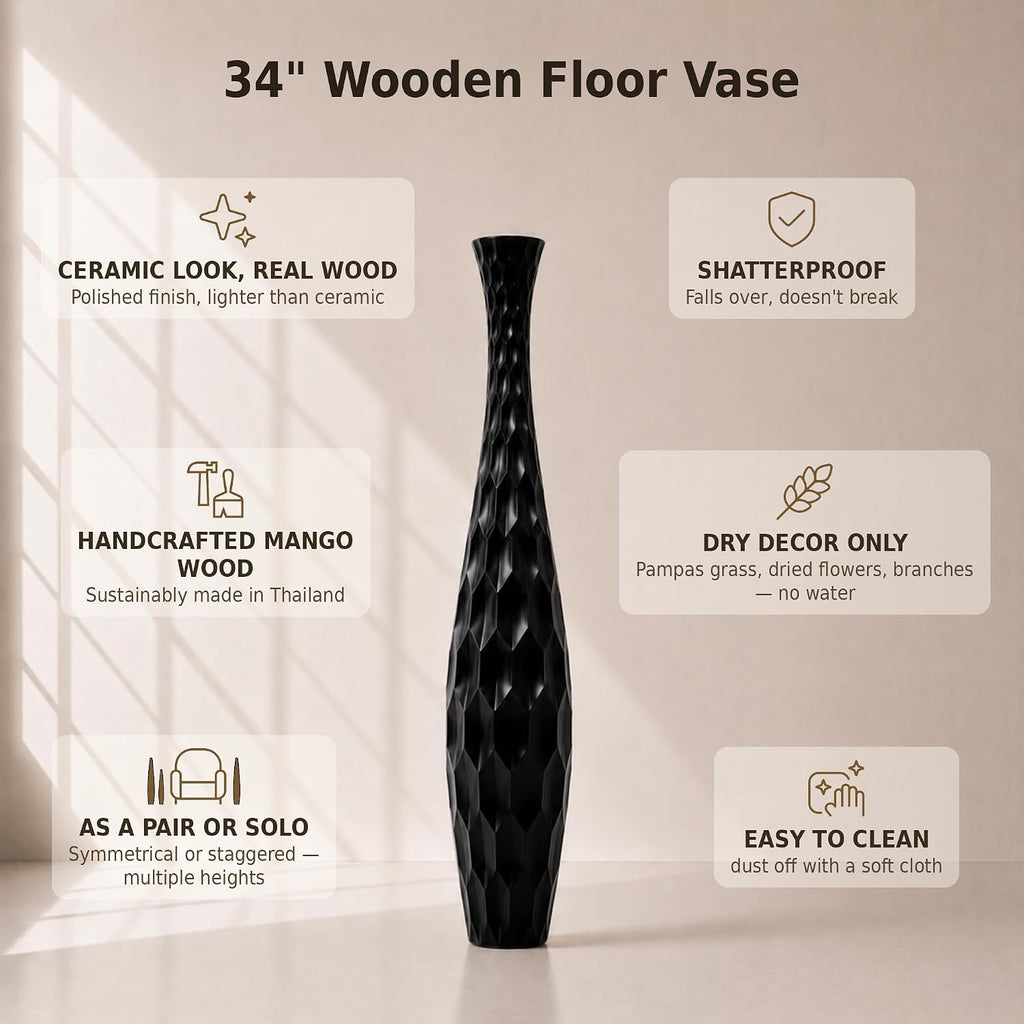 Leewadee Large Black Home Decor Floor Vase - Wooden 34 inch Tall Farmhouse Decor Flower Holder for Fake Plant and Pampas Grass
