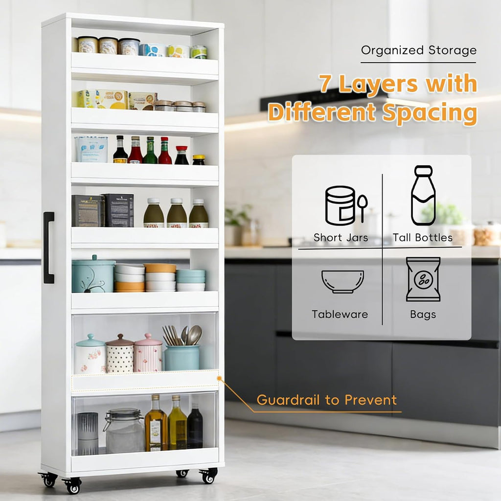 7 Tier Slim Storage Cart with Wheels,Rolling Storage Cabinet,Narrow Spice Rack for Small Spaces,Kitchen,Bakers,Pantry,Dining Room