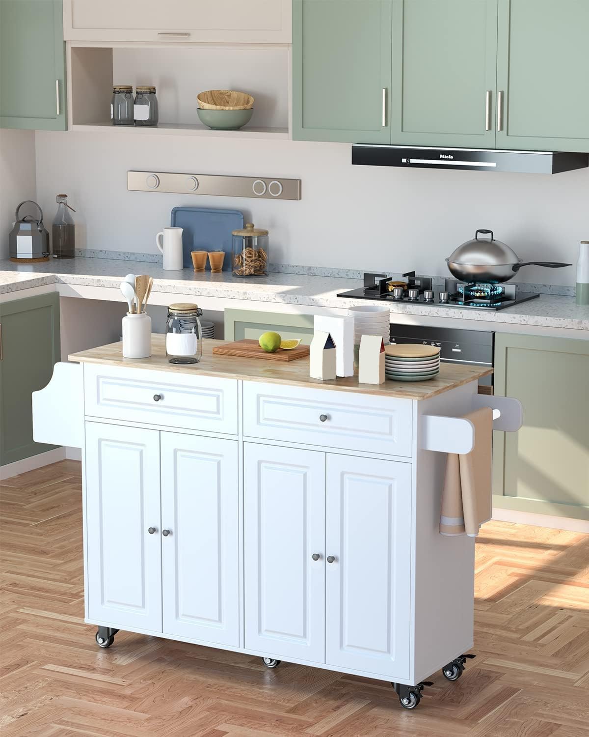 QSun Kitchen Island on Wheels Kitchen Cart with Rubber Wood Top, Mobile Kitchen Island with Double Storage Cabinet and Drawers, Island Table for Kitchen (White)