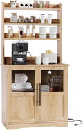 Microwave Stand & Coffee Bar Cabinet | 6-Tier Kitchen Bakers Rack with Storage, Power Outlet, and Glass Doors | Freestanding Tall Wooden Hutch for Dining Room Organization