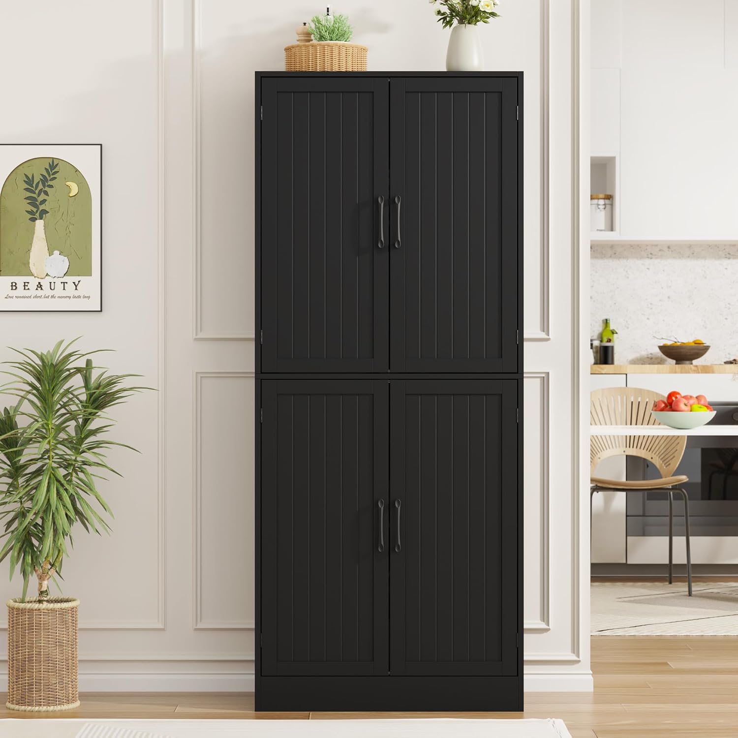 MHOM 71' Farmhouse Pantry Cabinet, Tall Storage Cabinet with 4 Doors and Adjustable Shelves, Freestanding Pantry for Dining Room, Kitchen, and Living Room, Black