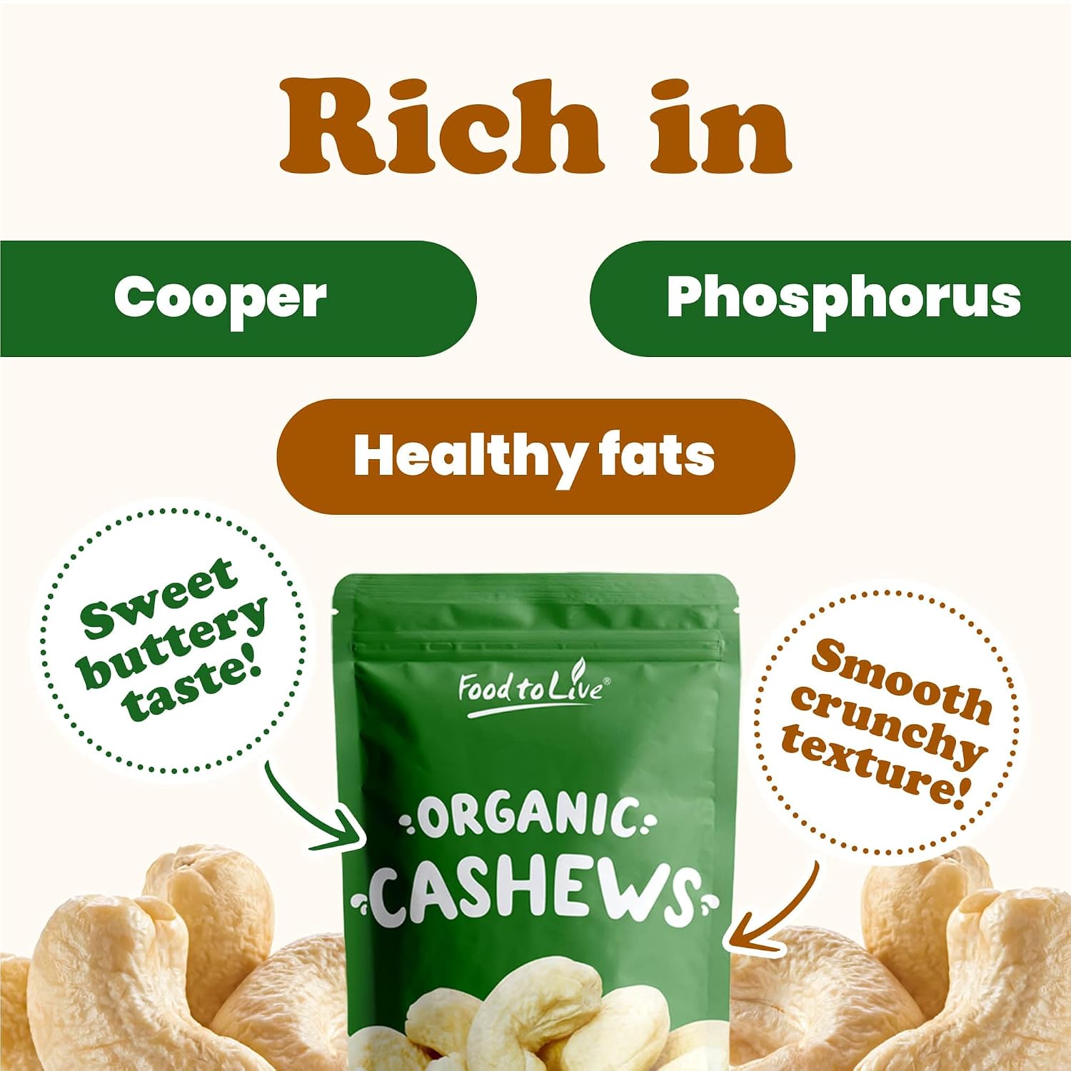 Food to Live Organic Cashews, 18 Pounds - Whole, Unsalted, Non-GMO, Kosher, Raw, Vegan, Bulk