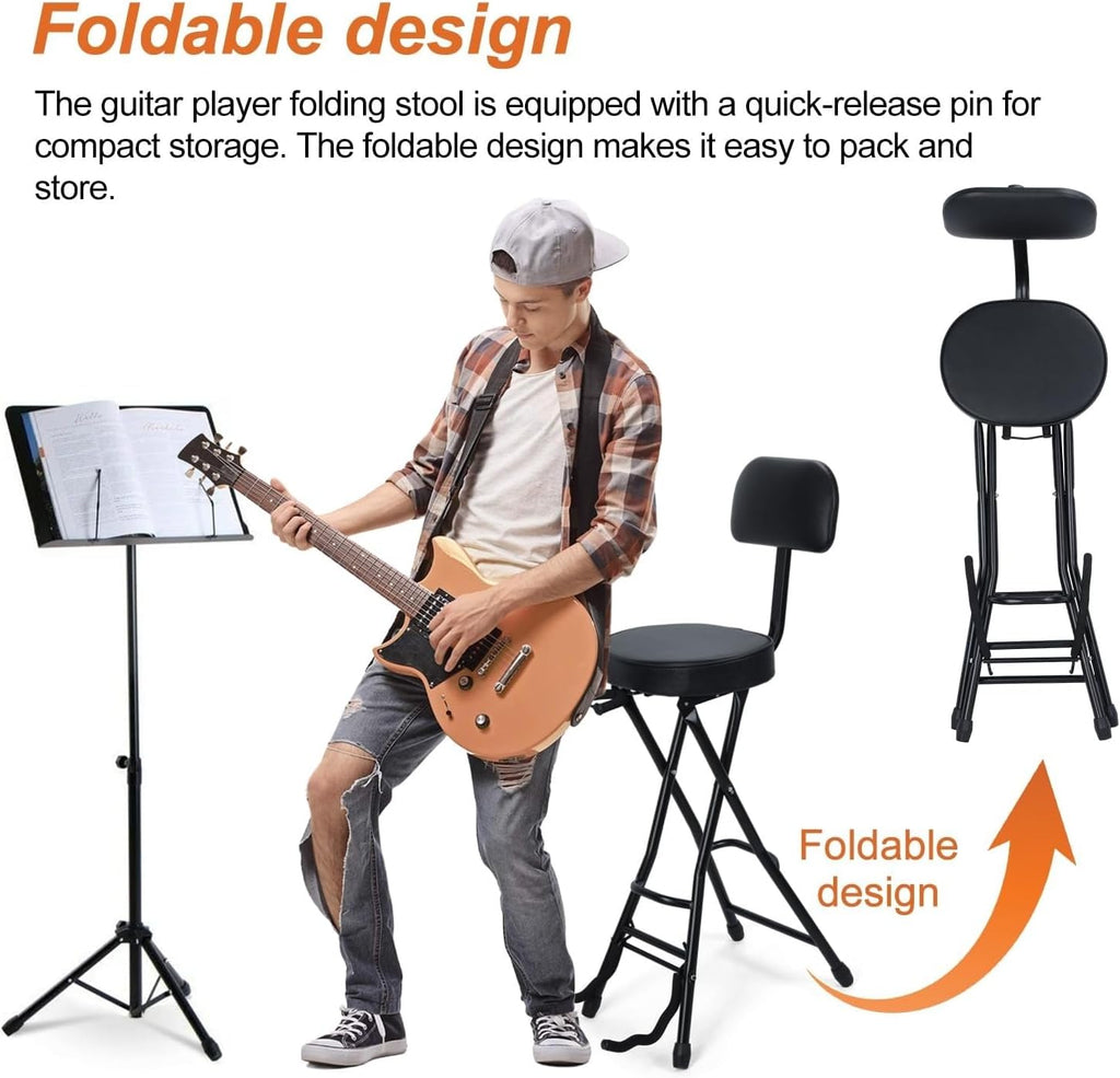 Guitar Stool with Padded Cushion,Folding Chair with Base Stand, Removable Backrest Non-Slip Rubber Feet, Fits Acoustic & Electric Guitars Black