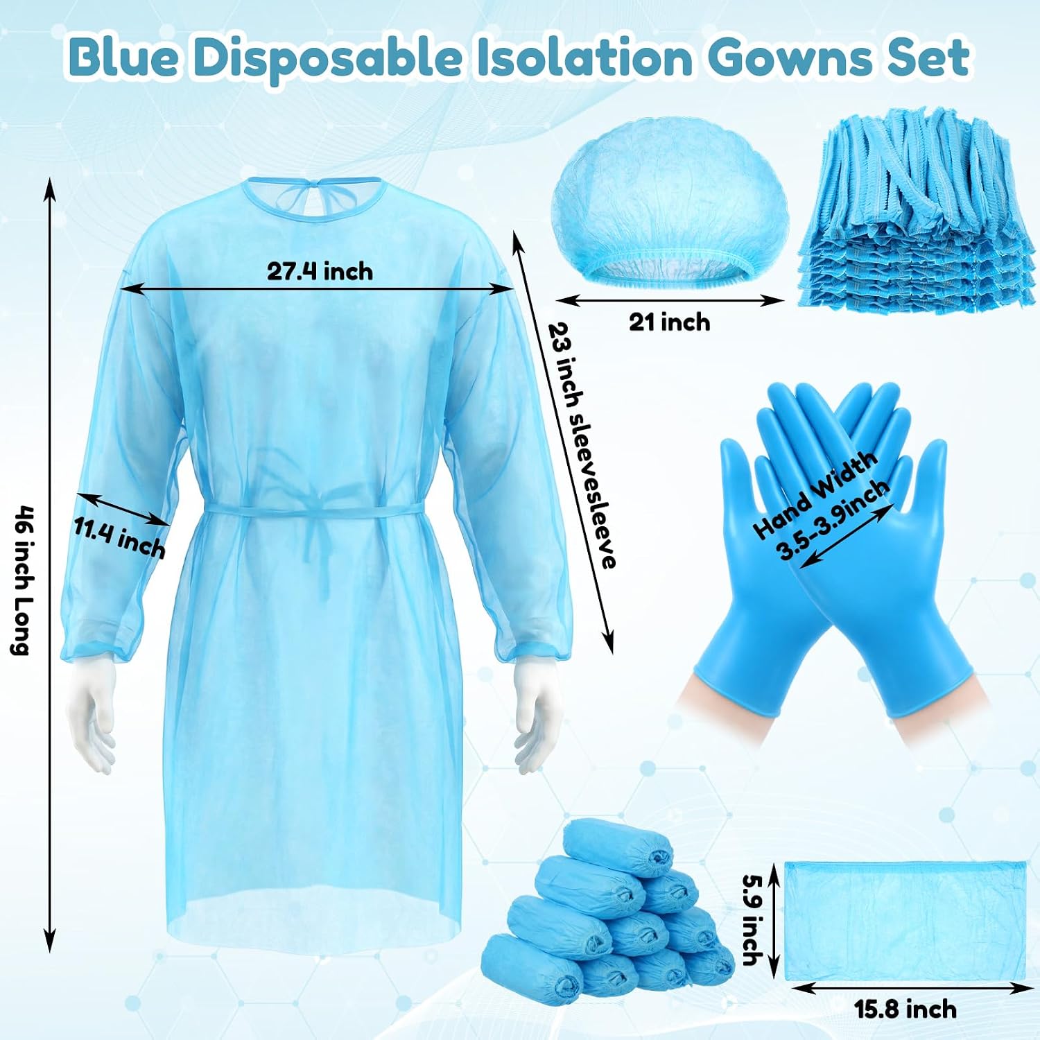 Xuhal Blue Disposable Isolation Ppe Gowns Set Bouffant Caps with Elastic Cuffs Gloves and Shoe Covers for Labs