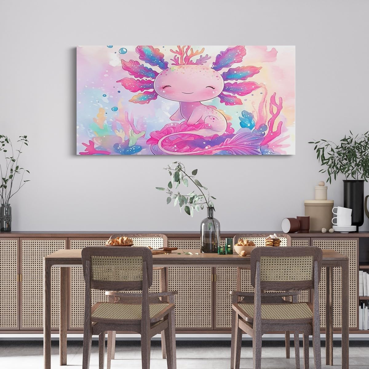 Erosebridal Large Cute Axolotl Canvas Wall Art for Living Room Boys Girls Kawaii Salamander Cartoon Wall Painting Poster Print,Kids Ocean Sealife Mermaid Coral Watercolor Artwork Posters 58'x29'