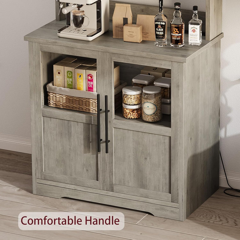 Microwave Stand Bakers Rack with Power Outlet, Freestanding 6-Tier Kitchen Pantry Hutch Tall with Door & Storage Shelves, Thickened Counter, Coffee Bar Station for Living Room