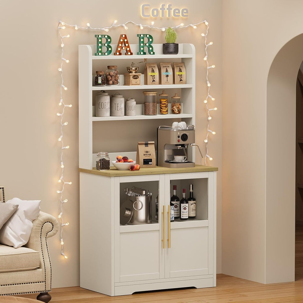 6-Tier Kitchen Bakers Rack With Power Outlet Bakers Rack With Storage Cabinet Microwave Oven Stand Pantry Hutch With Door Tall Versatile Storage Shelf With Thick Tabletop Farmhouse Coffee Bar Cabinet