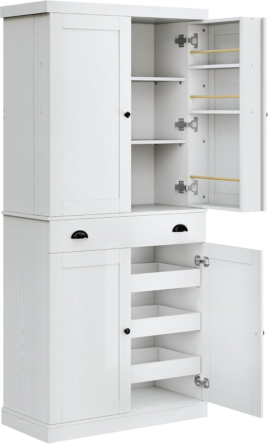 IRONCK Kitchen Pantry Cabinet 72' Height, Freestanding Cupboard with Drawer, Sliding Storage Rack, and 6 Hanging Shelves for Dining Room, Laundry, White
