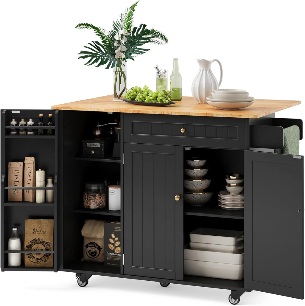 Ahomly Kitchen Island with Storage, Island Table for Kitchen with Drop Leaf, 5 Wheels, a Drawer, Spicy Rack and Towel Bar, Black