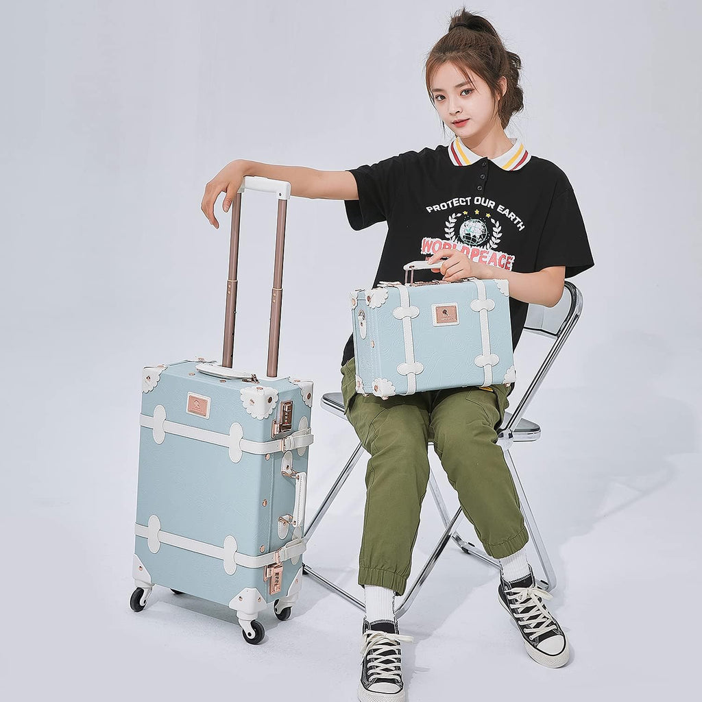 UNIWALKER Vintage Luggage Set, 2 Piece Women Carry on Trolley Suitcase with Spinner Wheels, Handcraft Leather Travel Bag with Cosmetic Train Case, 20'+12', Embossed Blue