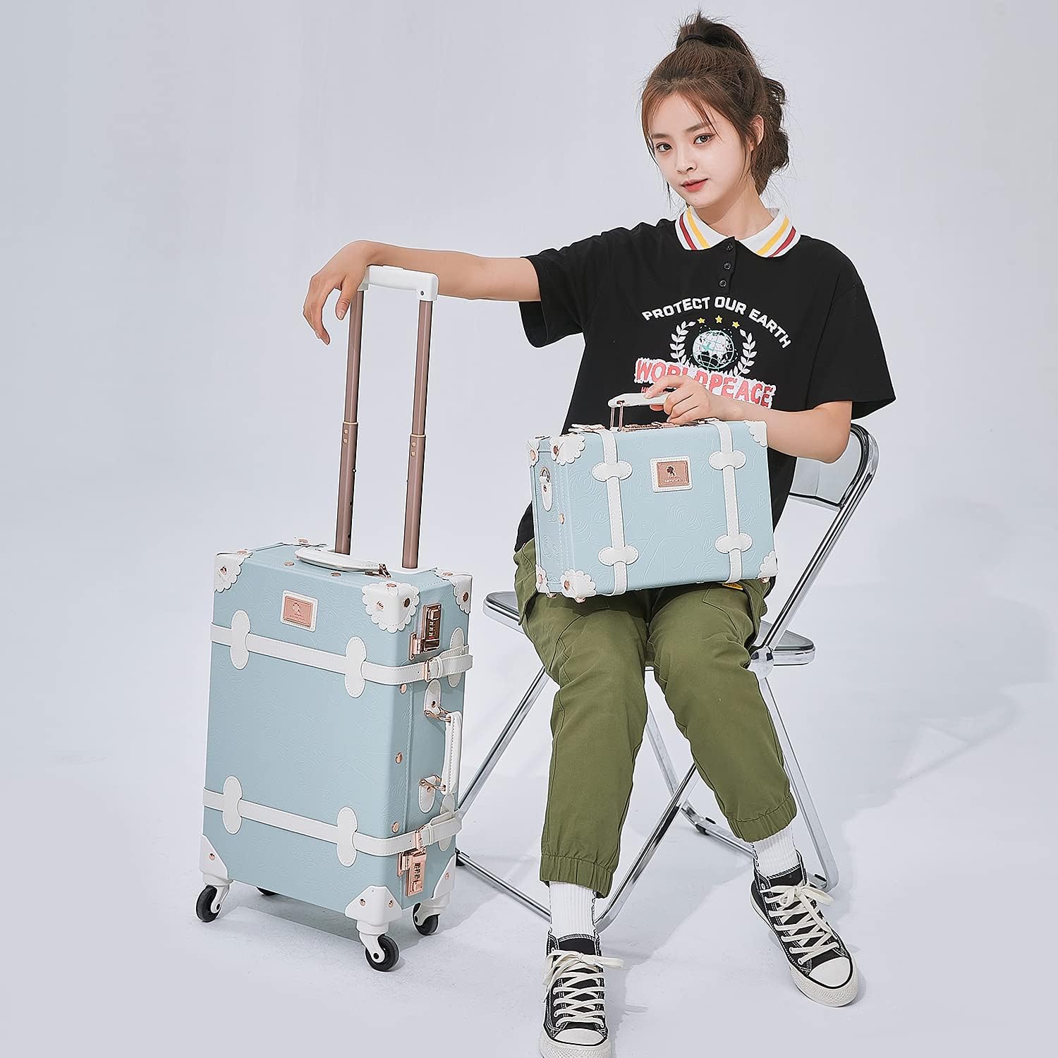 UNIWALKER Vintage Luggage Set, 2 Piece Women Carry on Trolley Suitcase with Spinner Wheels, Handcraft Leather Travel Bag with Cosmetic Train Case, 20'+12', Embossed Blue