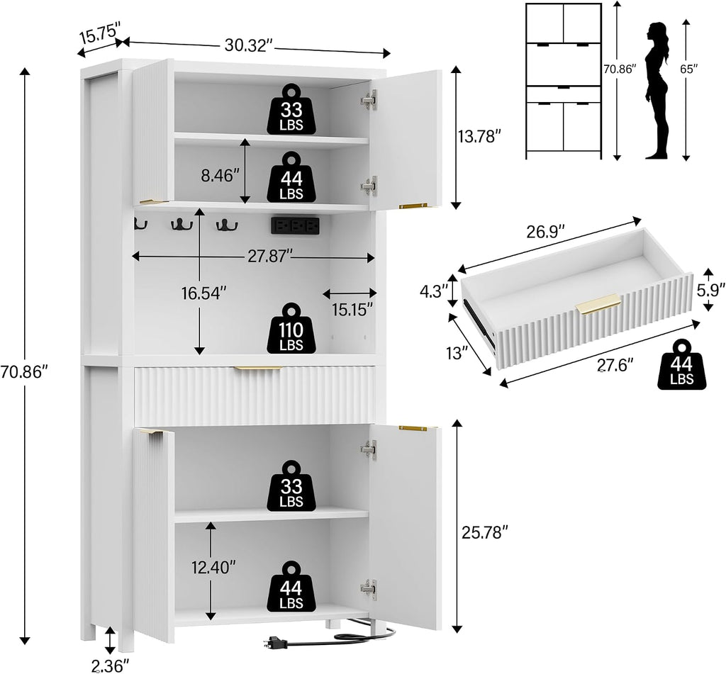 Lulive White Fluted Pantry Cabinet with Charging Station, Adjustable Shelves, Spacious Kitchen Storage Organizer with Open Countertop, Kitchen Hutch with Storage Drawers for Dining & Living Room