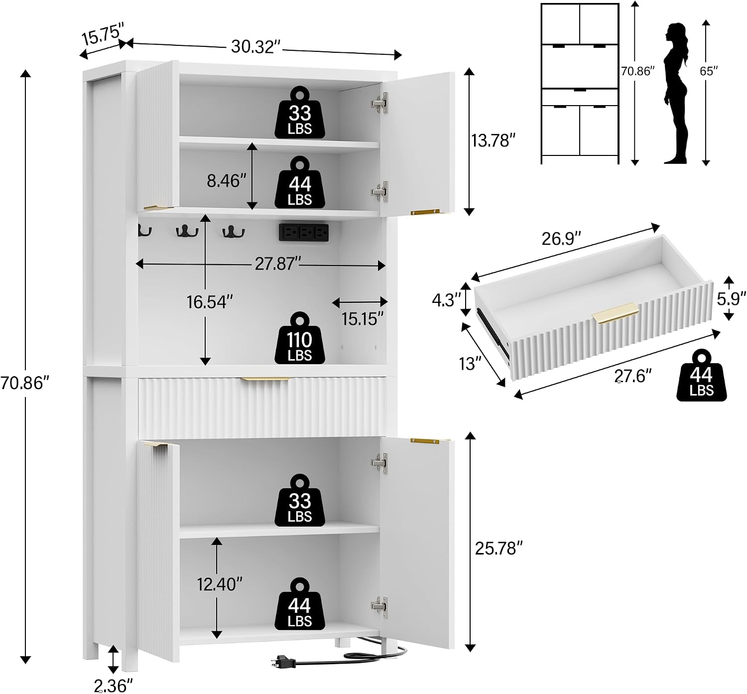 Lulive White Fluted Pantry Cabinet with Charging Station, Adjustable Shelves, Spacious Kitchen Storage Organizer with Open Countertop, Kitchen Hutch with Storage Drawers for Dining & Living Room